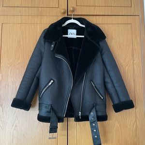 Zara Faux Shearling Lined Moto Jacket